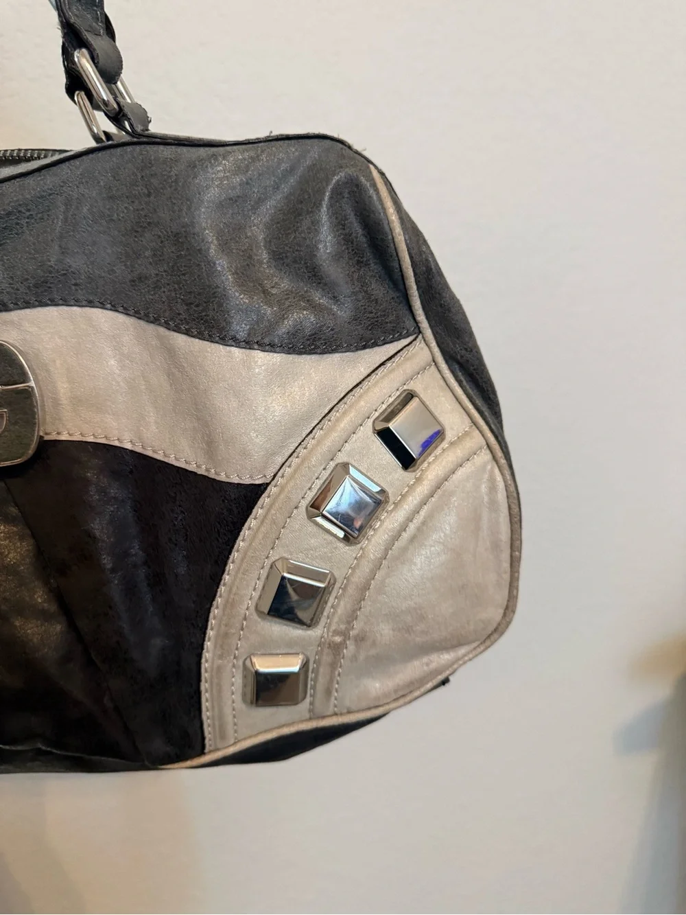 Guess | Y2k patchwork bowling satchel with silver tone studs